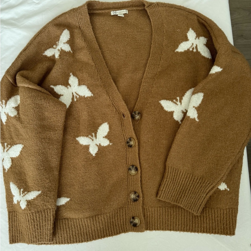 Cato Brown and White Butterfly Cardigan